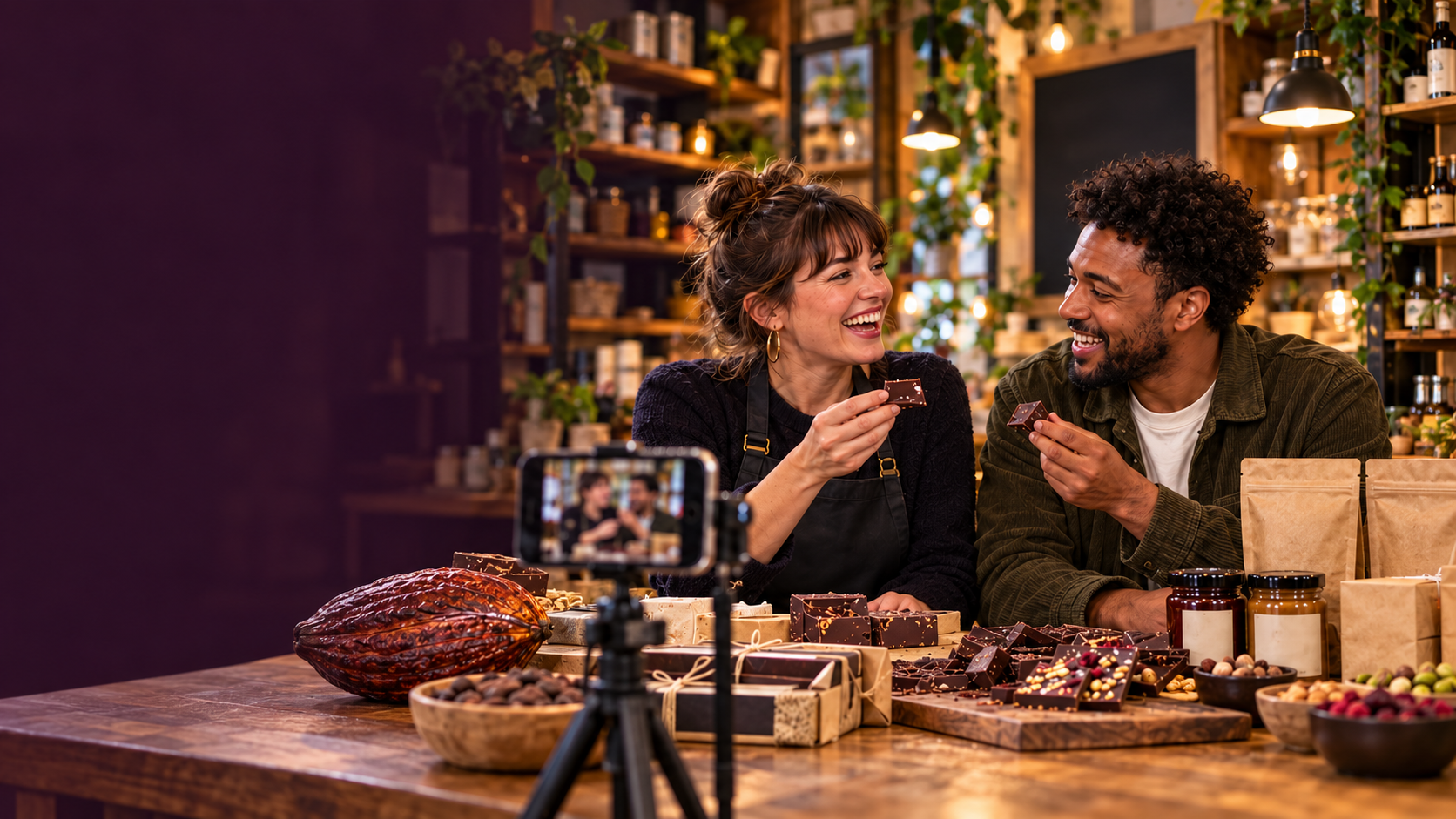 Two independent food specialists laughing and sharing artisan chocolate in their shop
